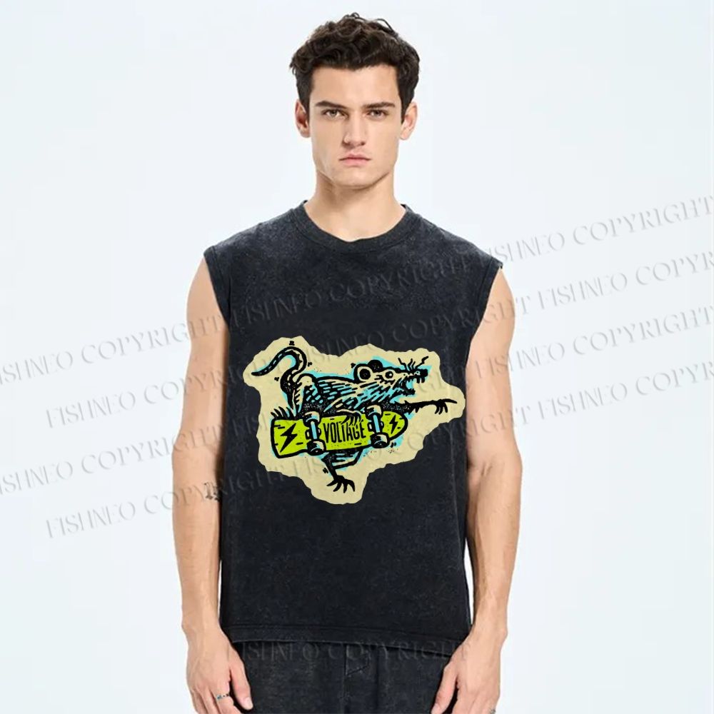 Unisex Silly Rat Skating Printed Washed Tank Top