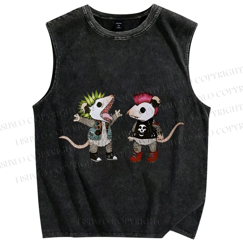 Unisex Rock and Roll Punk Opossum Printed Washed Tank Top