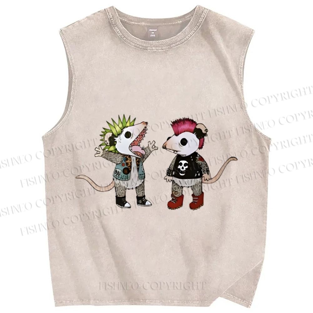 Unisex Rock and Roll Punk Opossum Printed Washed Tank Top