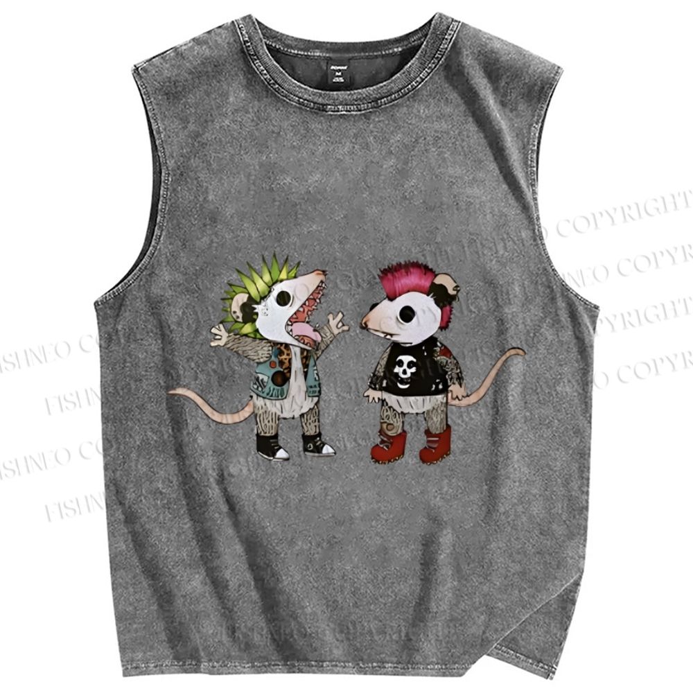 Unisex Rock and Roll Punk Opossum Printed Washed Tank Top