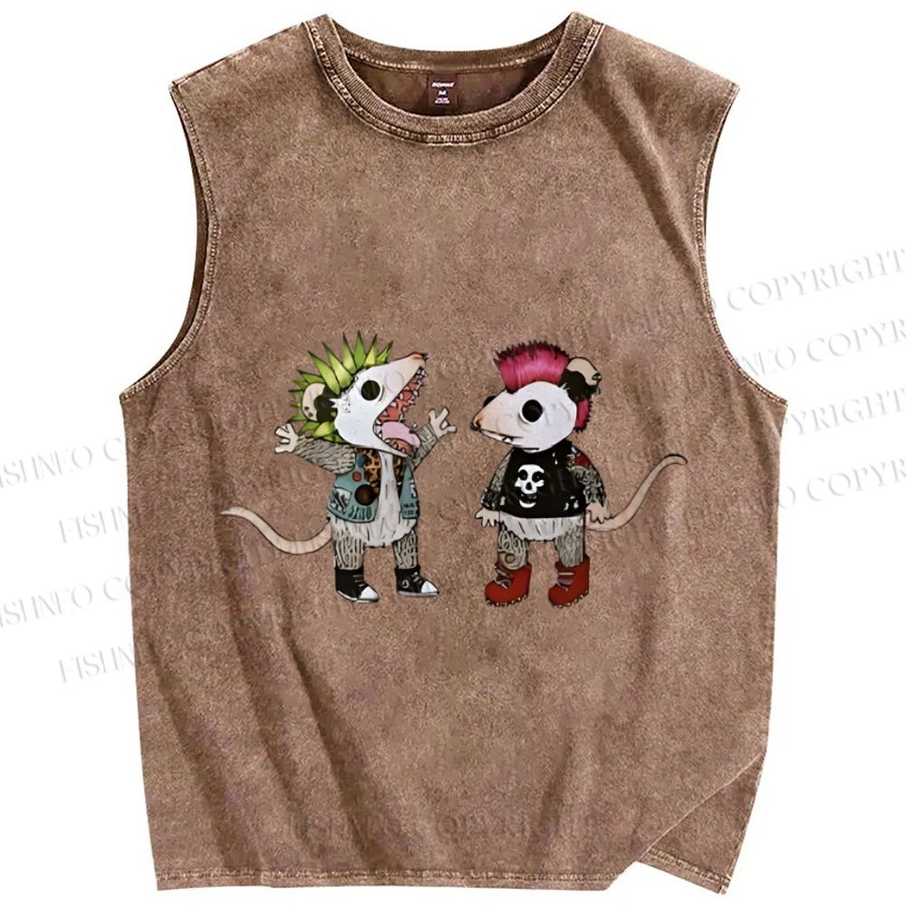 Unisex Rock and Roll Punk Opossum Printed Washed Tank Top