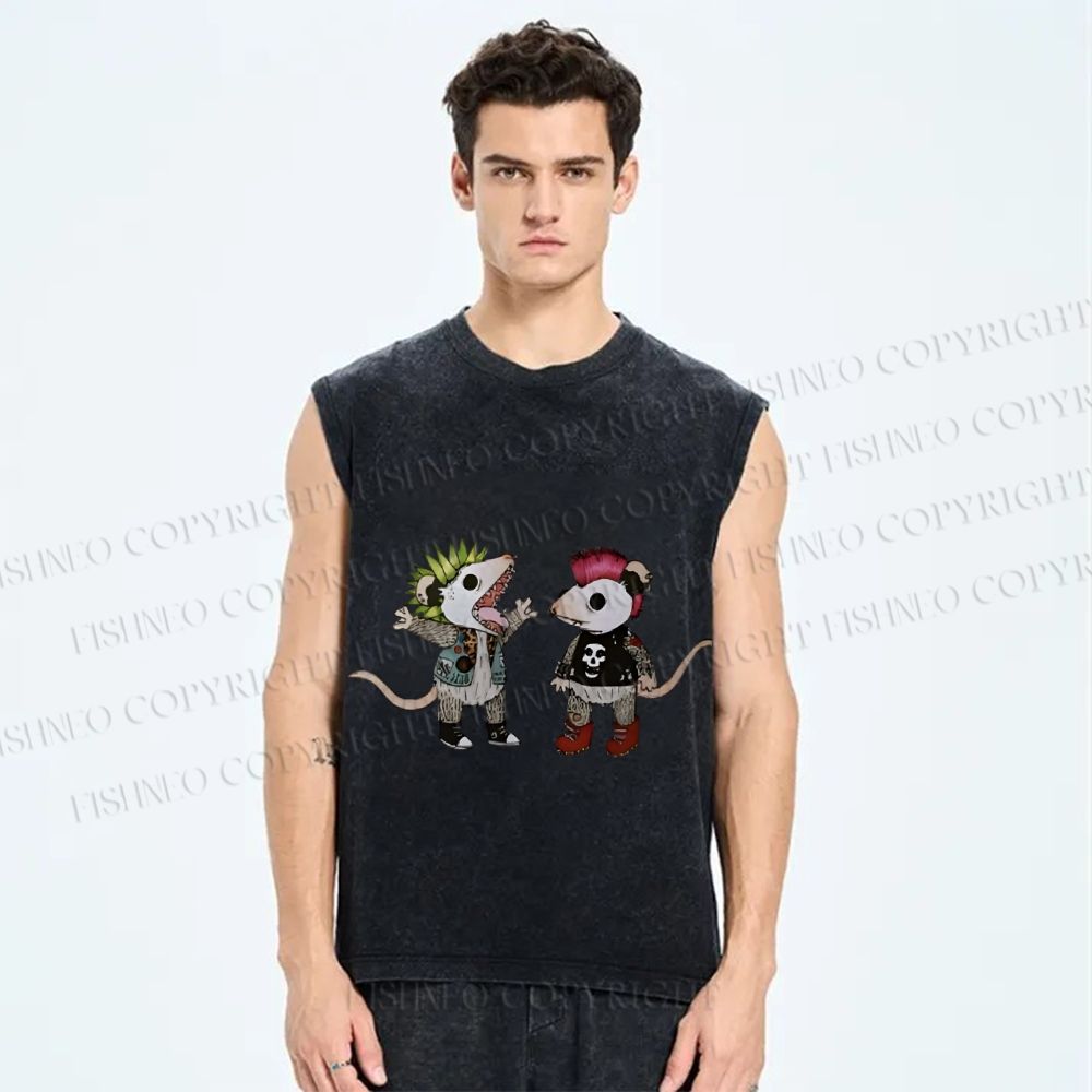 Unisex Rock and Roll Punk Opossum Printed Washed Tank Top