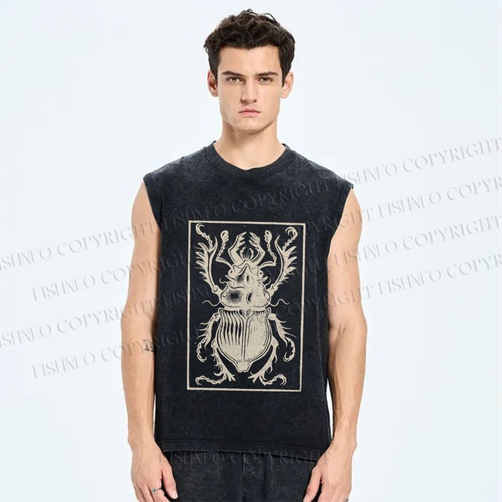 Unisex Vintage Beetle Printed Washed Tank Top