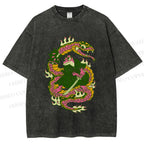 Unisex Japanese Vintage Frog vs Snake Printed Washed Tee