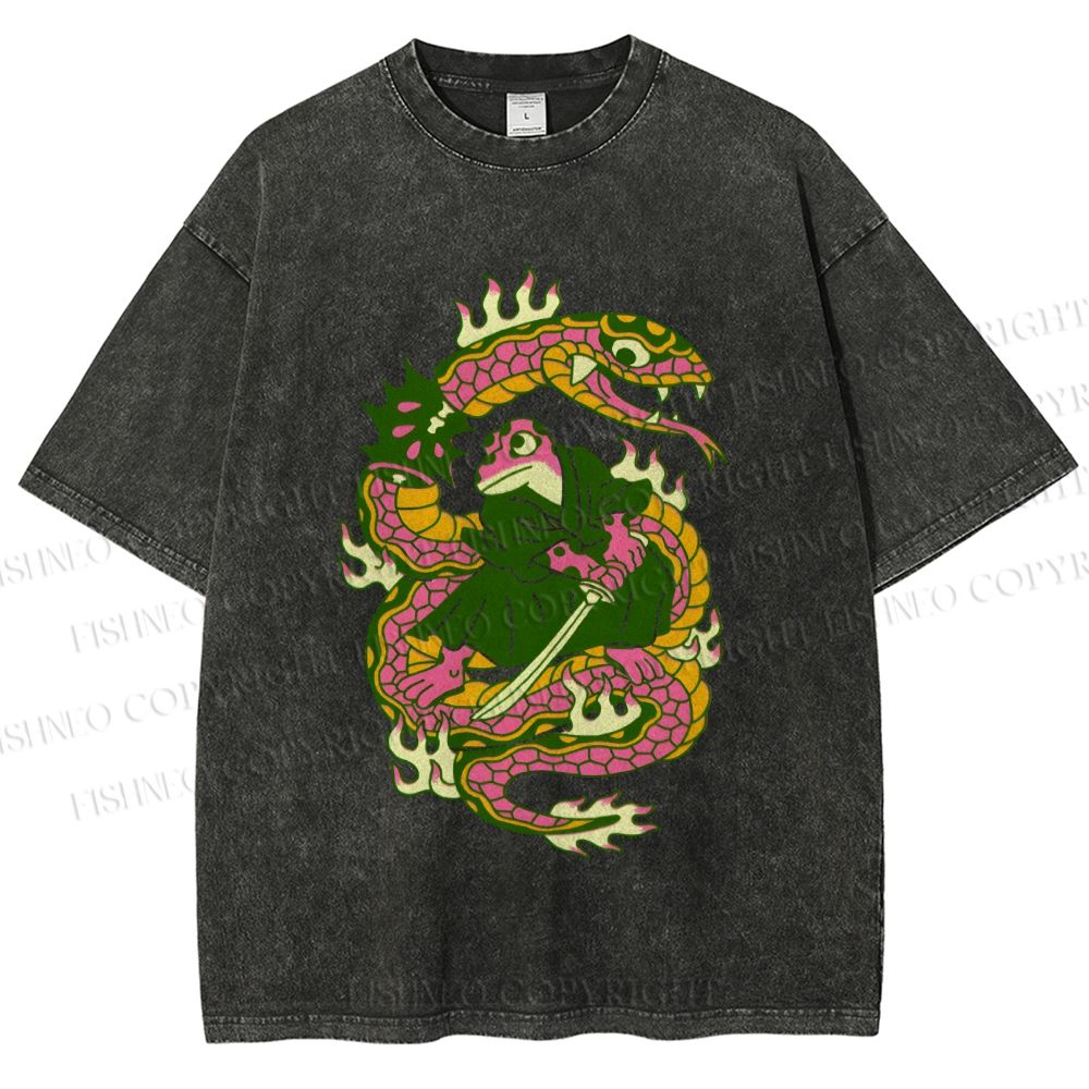 Unisex Japanese Vintage Frog vs Snake Printed Washed Tee