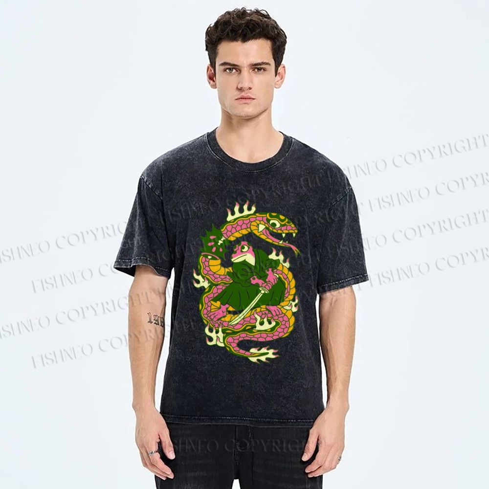 Unisex Japanese Vintage Frog vs Snake Printed Washed Tee