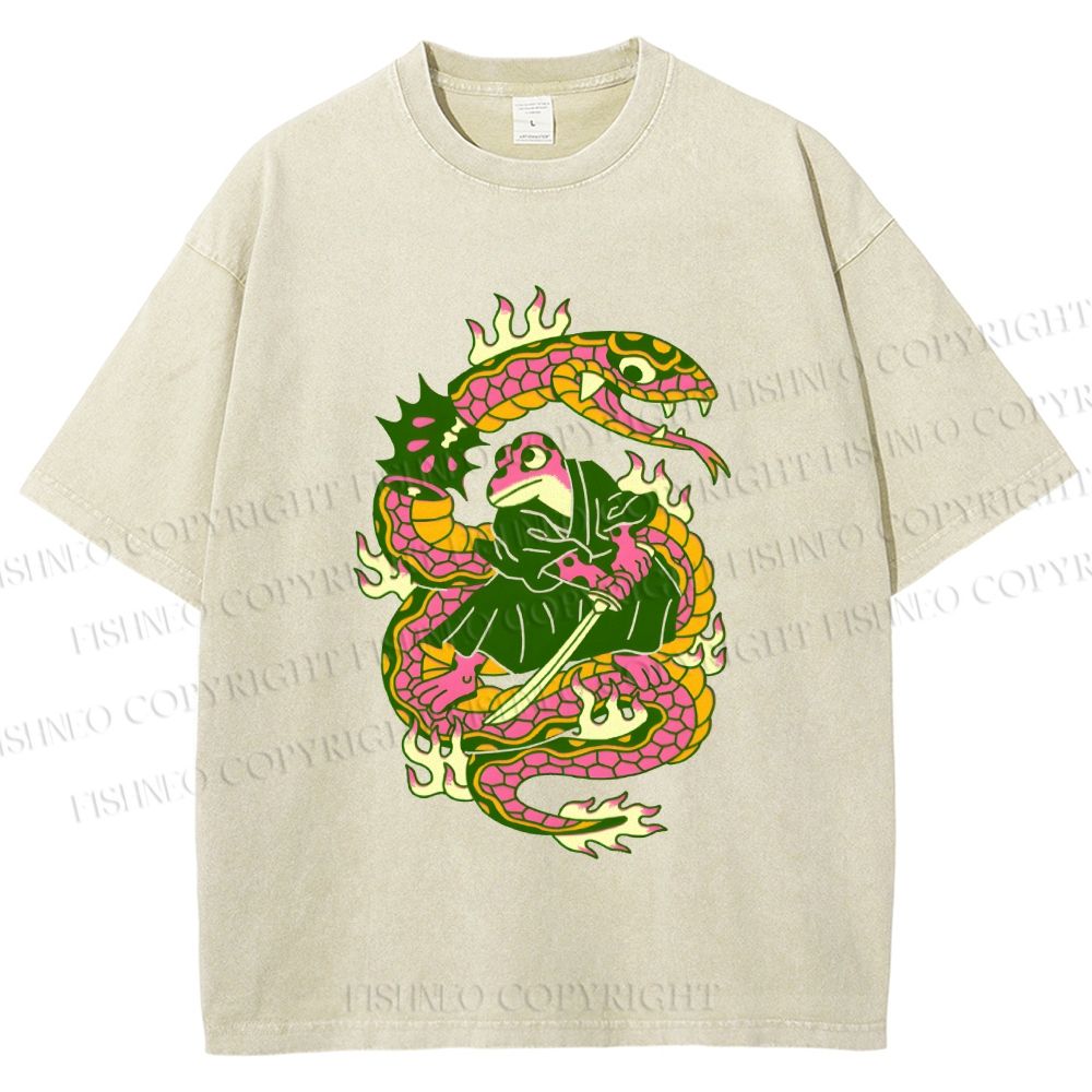 Unisex Japanese Vintage Frog vs Snake Printed Washed Tee