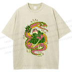 Unisex Japanese Vintage Frog vs Snake Printed Washed Tee