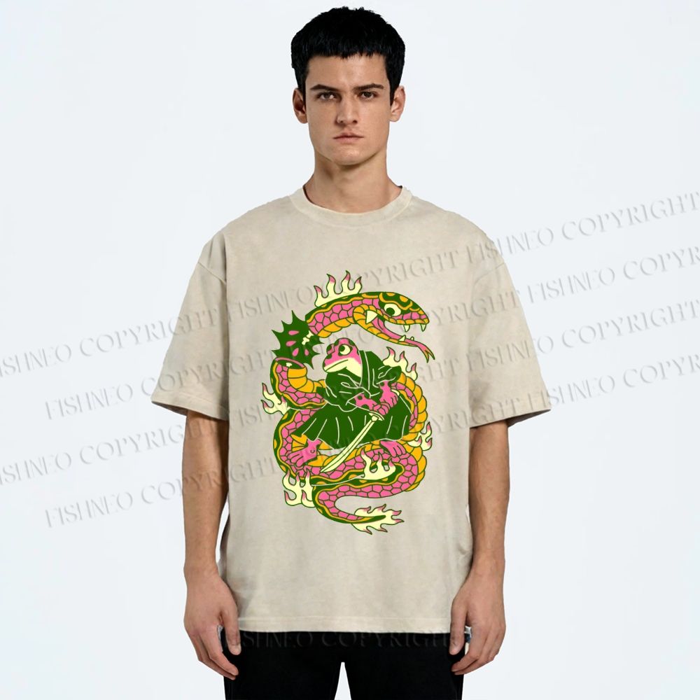 Unisex Japanese Vintage Frog vs Snake Printed Washed Tee