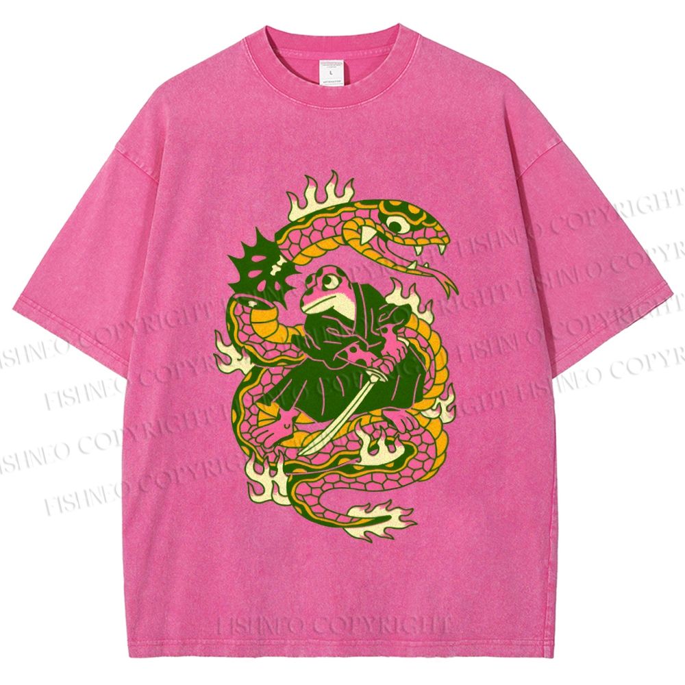 Unisex Japanese Vintage Frog vs Snake Printed Washed Tee