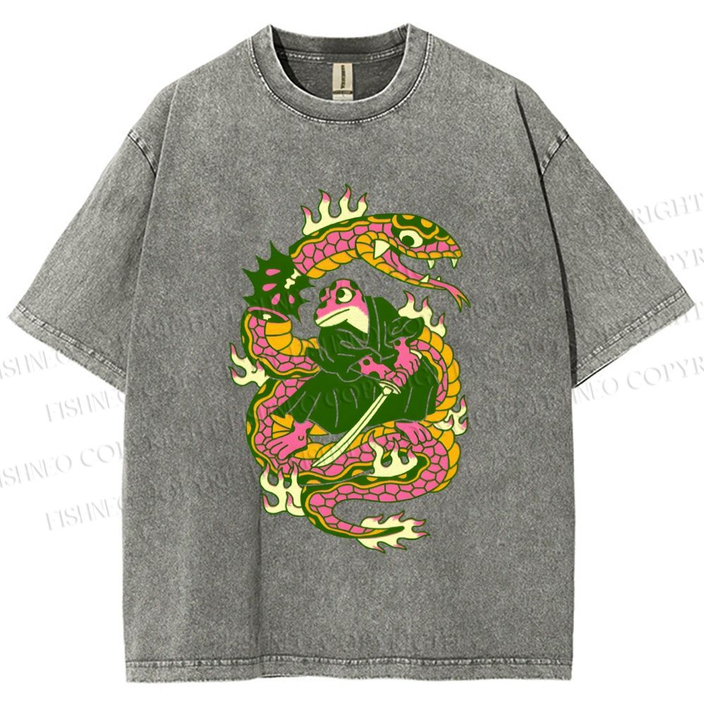 Unisex Japanese Vintage Frog vs Snake Printed Washed Tee