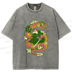 Unisex Japanese Vintage Frog vs Snake Printed Washed Tee
