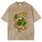 Unisex Japanese Vintage Frog vs Snake Printed Washed Tee