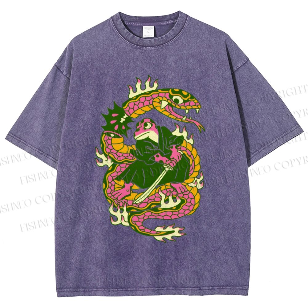 Unisex Japanese Vintage Frog vs Snake Printed Washed Tee
