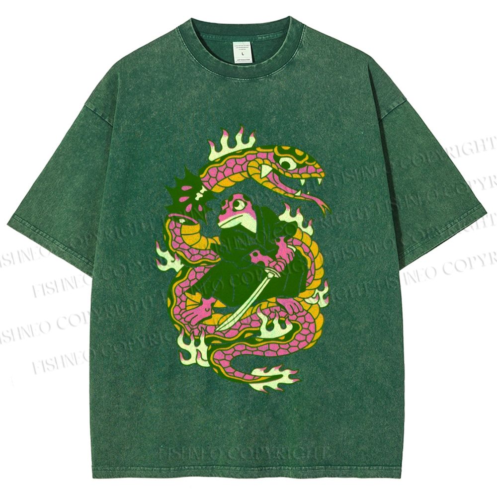 Unisex Japanese Vintage Frog vs Snake Printed Washed Tee