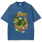 Unisex Japanese Vintage Frog vs Snake Printed Washed Tee
