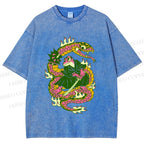 Unisex Japanese Vintage Frog vs Snake Printed Washed Tee
