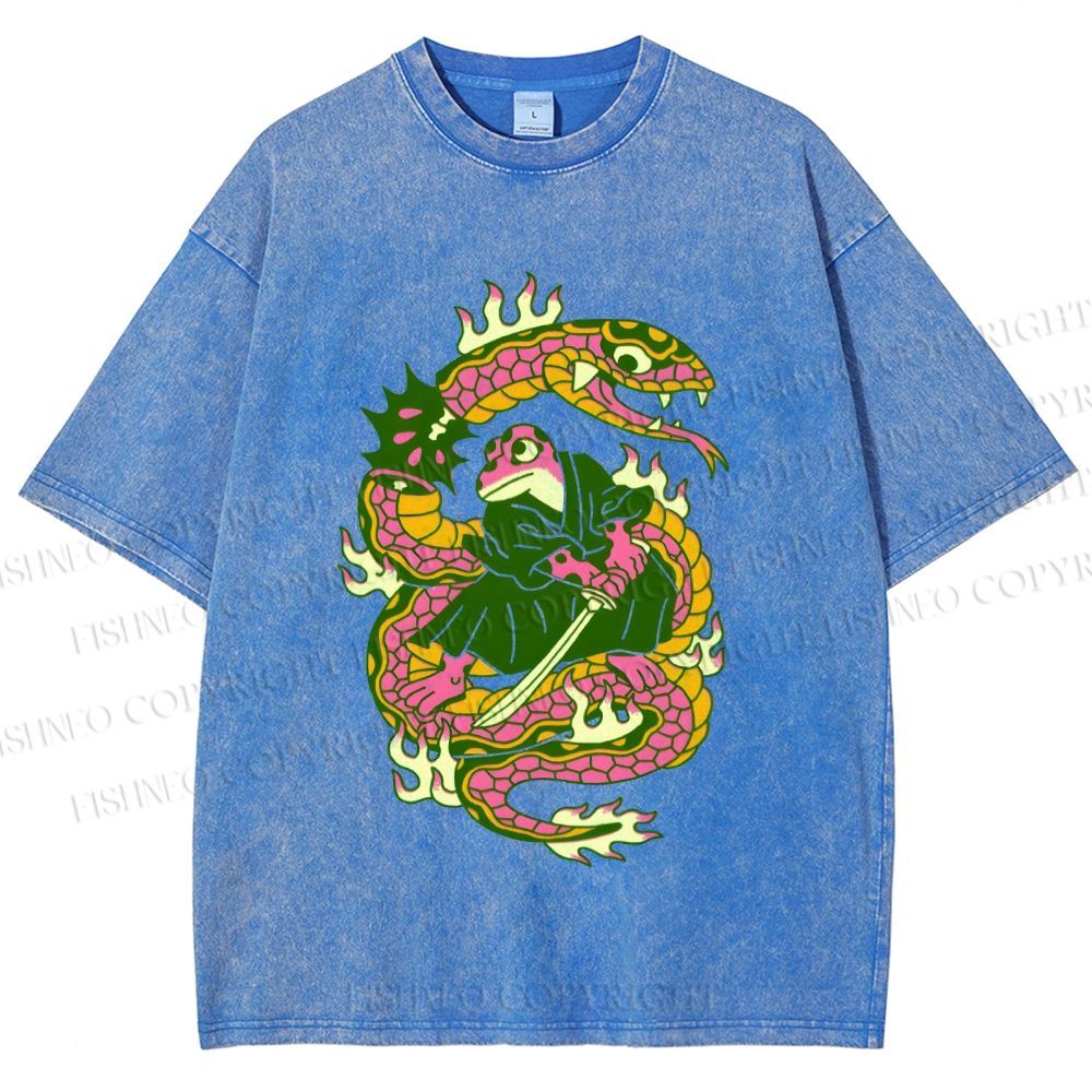 Unisex Japanese Vintage Frog vs Snake Printed Washed Tee