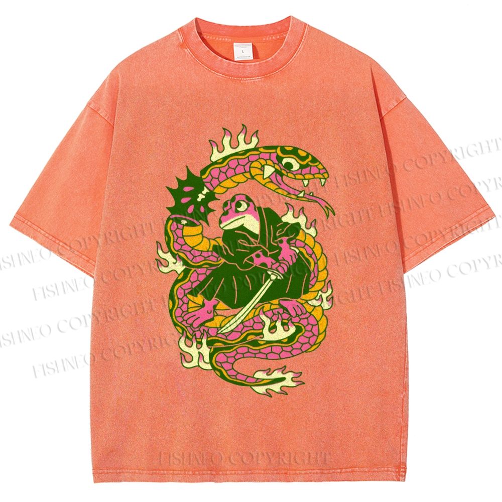 Unisex Japanese Vintage Frog vs Snake Printed Washed Tee