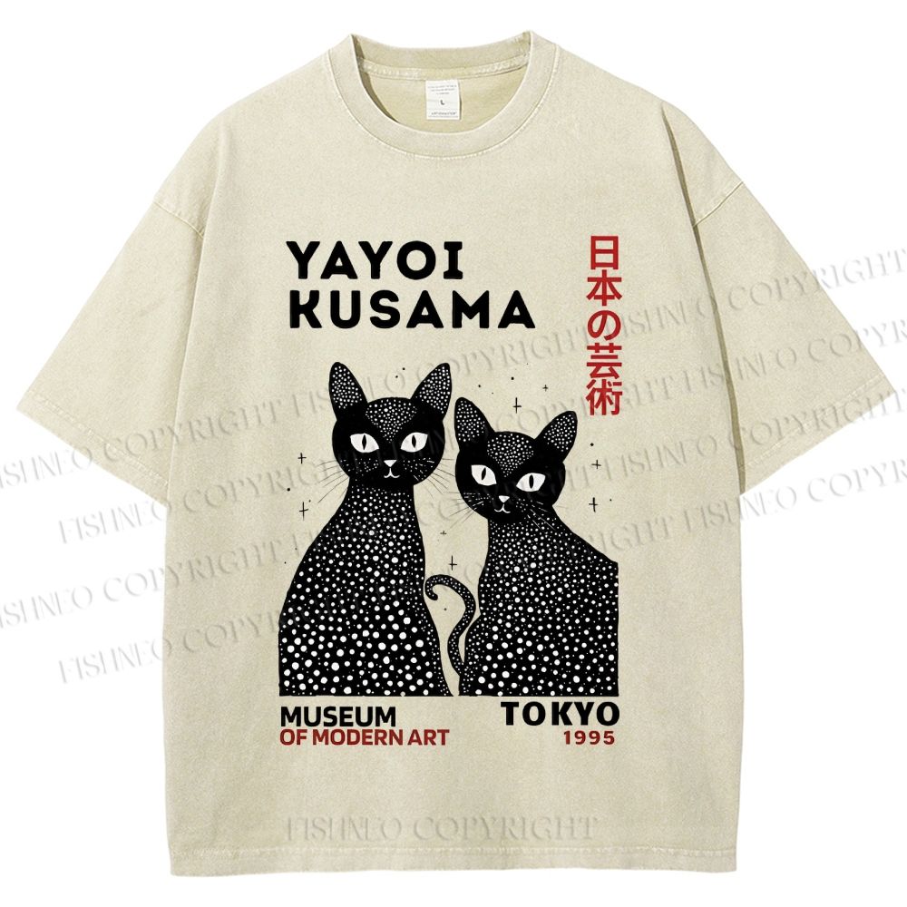 Unisex Yayoi Kusama Polka Dot Cat Printed Washed Tee