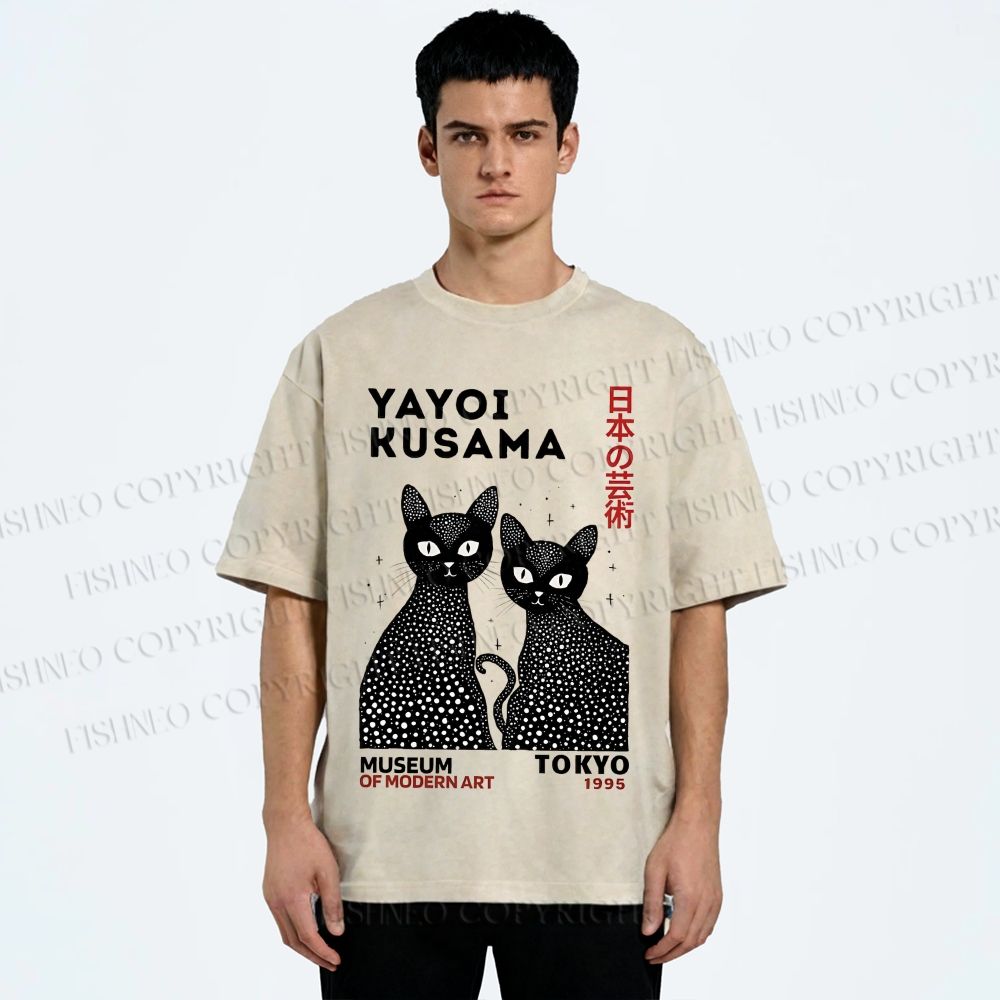 Unisex Yayoi Kusama Polka Dot Cat Printed Washed Tee
