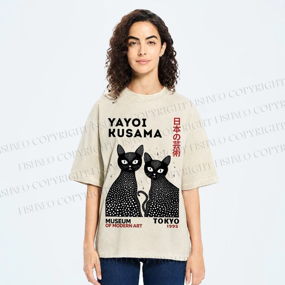 Unisex Yayoi Kusama Polka Dot Cat Printed Washed Tee