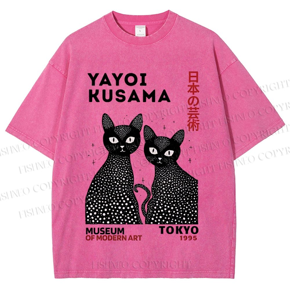 Unisex Yayoi Kusama Polka Dot Cat Printed Washed Tee