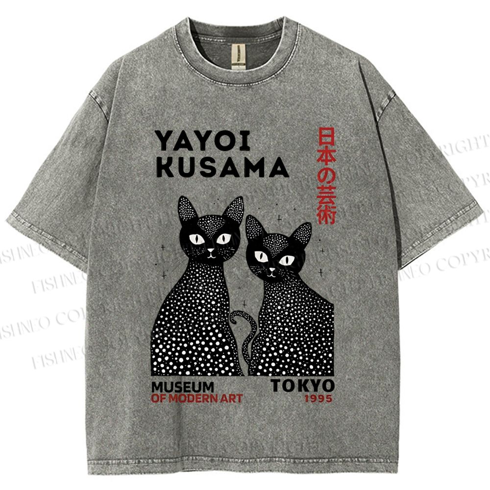 Unisex Yayoi Kusama Polka Dot Cat Printed Washed Tee