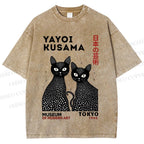 Unisex Yayoi Kusama Polka Dot Cat Printed Washed Tee