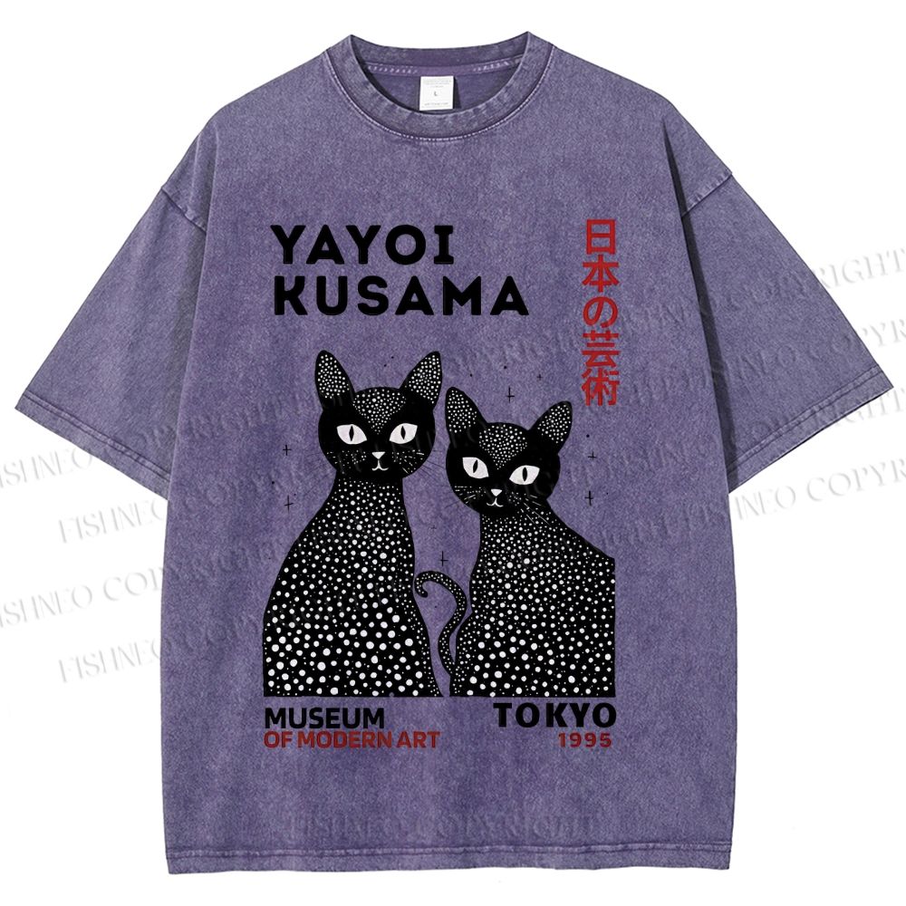 Unisex Yayoi Kusama Polka Dot Cat Printed Washed Tee