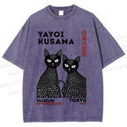 Unisex Yayoi Kusama Polka Dot Cat Printed Washed Tee