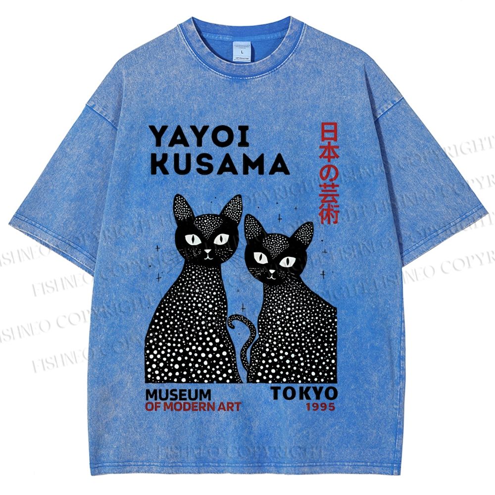Unisex Yayoi Kusama Polka Dot Cat Printed Washed Tee