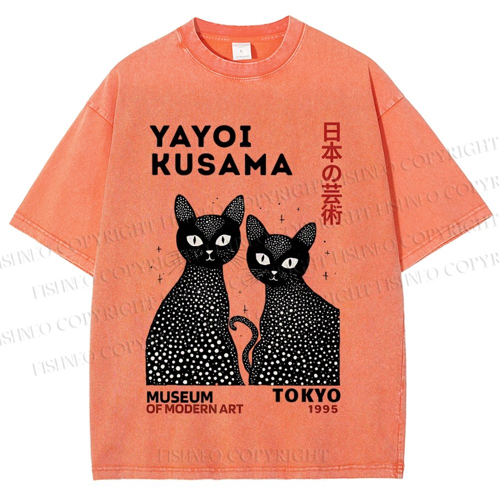 Unisex Yayoi Kusama Polka Dot Cat Printed Washed Tee