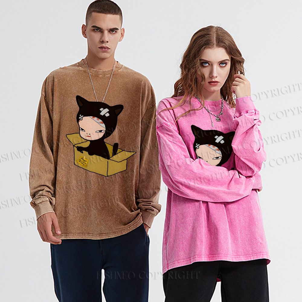 Unisex Casual Washed Yoshitomo Nara Box Printed Long Sleeve T-shirt