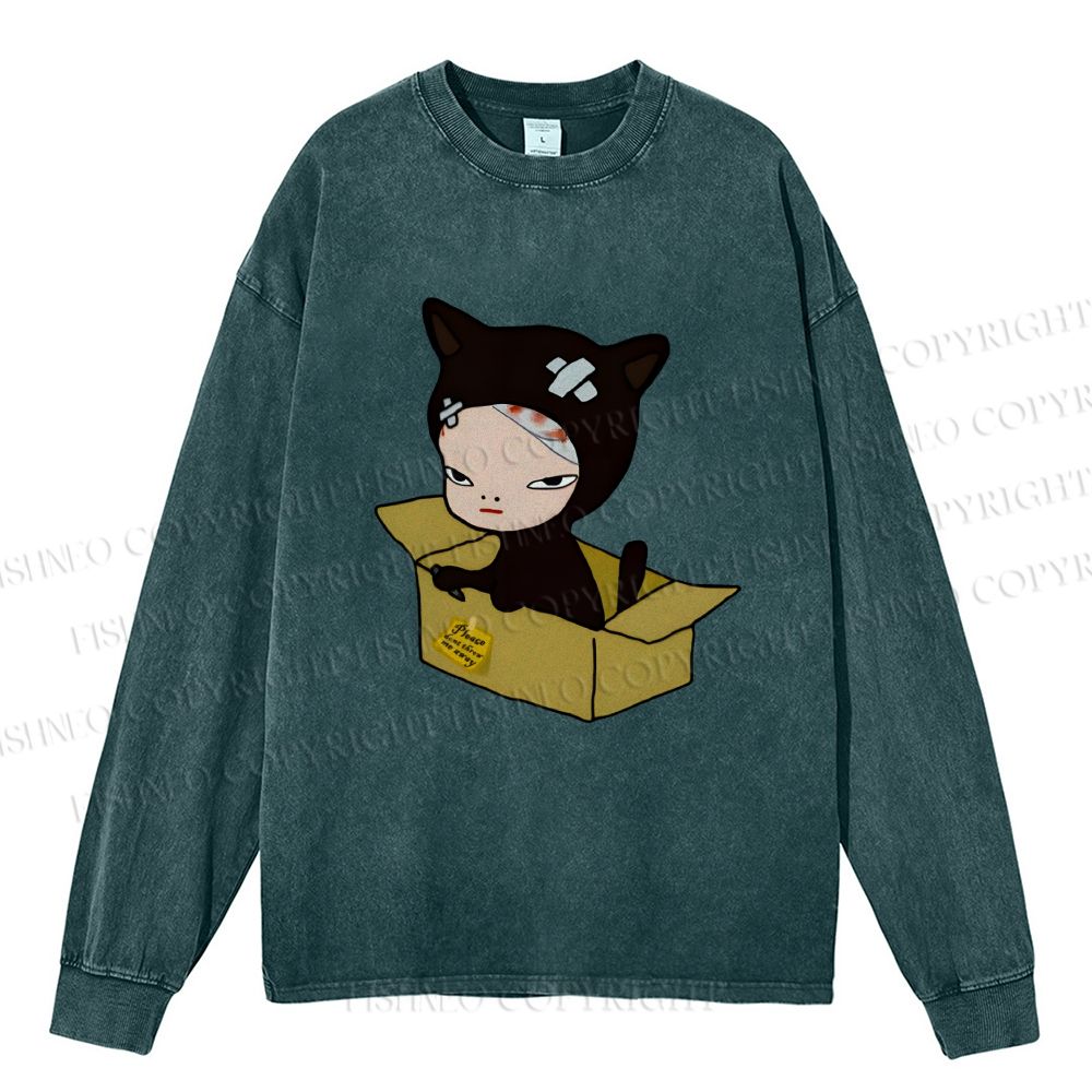 Unisex Casual Washed Yoshitomo Nara Box Printed Long Sleeve T-shirt