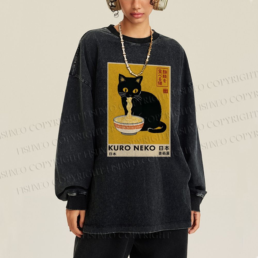 Unisex Casual Washed Kuro Neko Ramen Printed Long Sleeve T-shirt