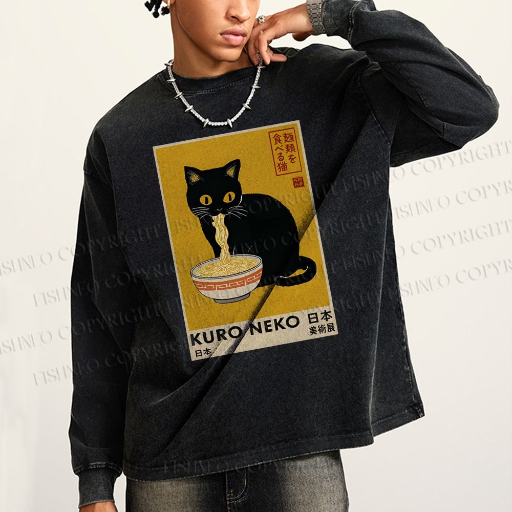 Unisex Casual Washed Kuro Neko Ramen Printed Long Sleeve T-shirt