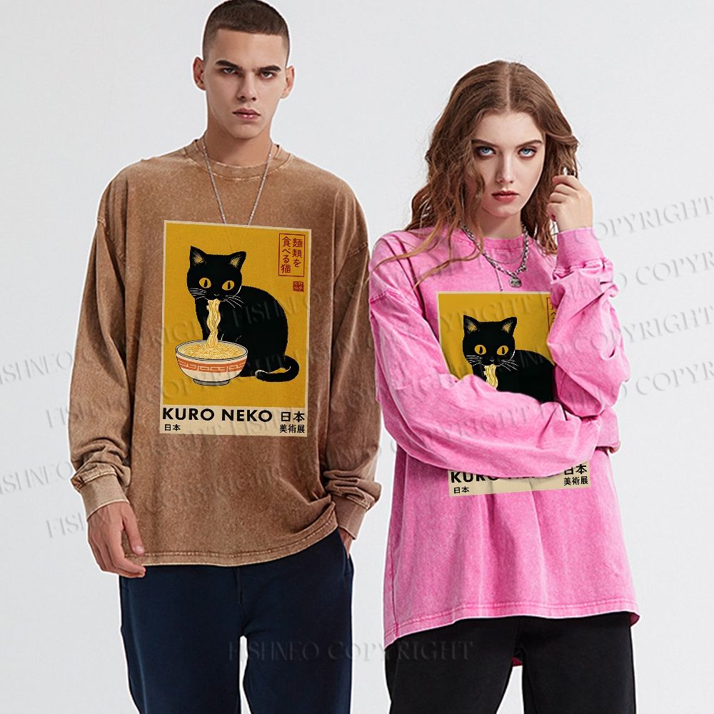Unisex Casual Washed Kuro Neko Ramen Printed Long Sleeve T-shirt