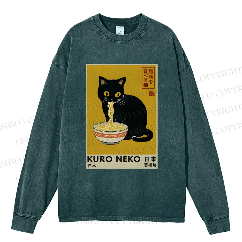 Unisex Casual Washed Kuro Neko Ramen Printed Long Sleeve T-shirt