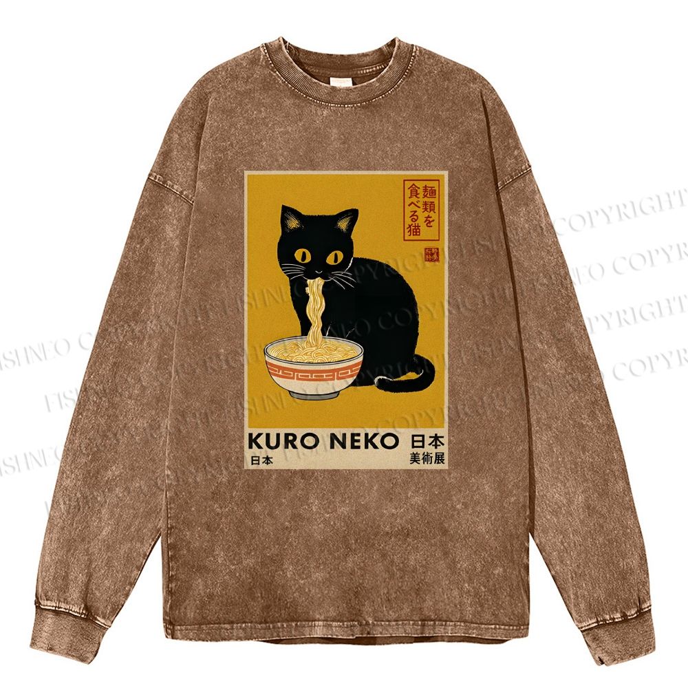 Unisex Casual Washed Kuro Neko Ramen Printed Long Sleeve T-shirt