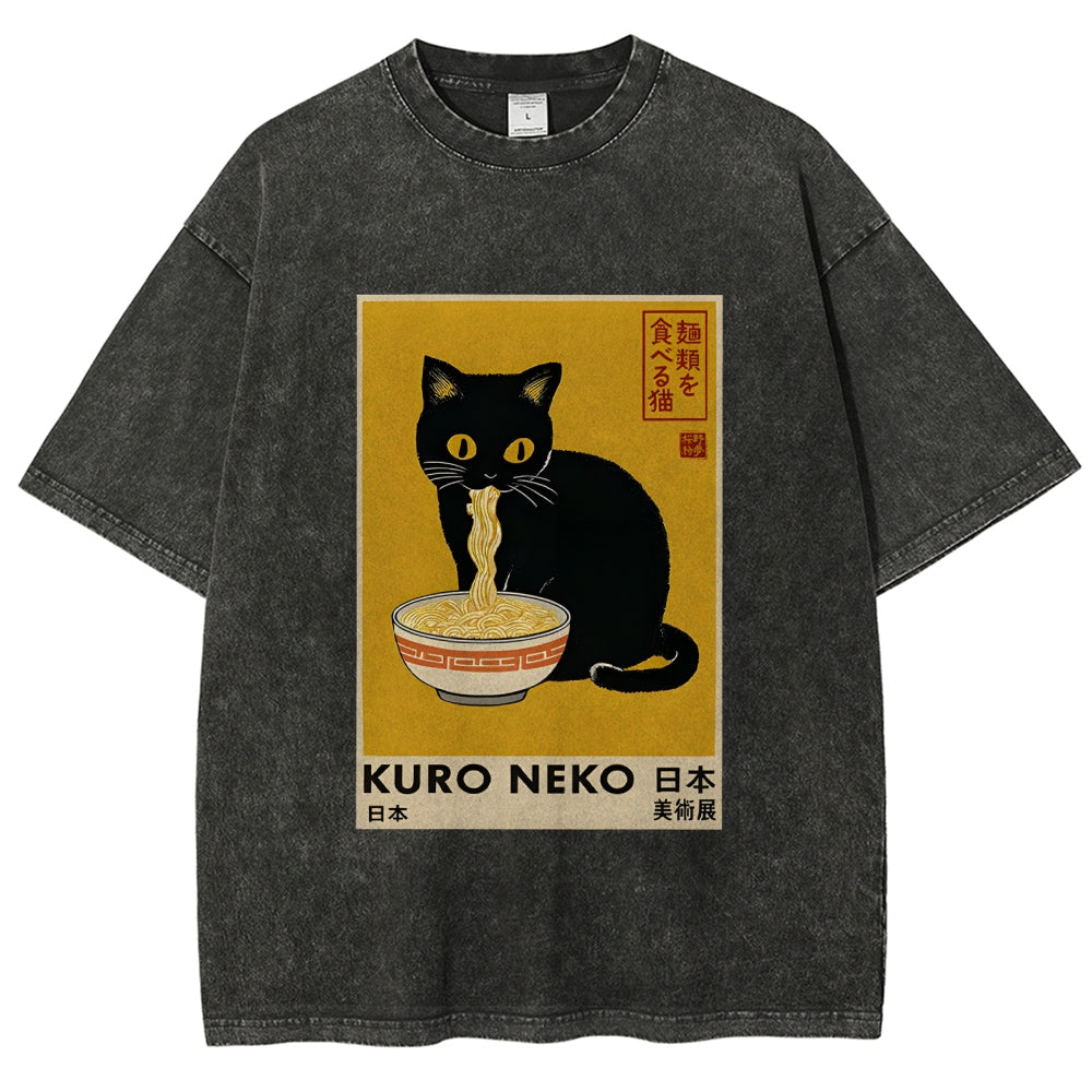 Unisex Kuro Neko Ramen Washed T-Shirt