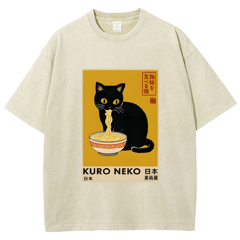 Unisex Kuro Neko Ramen Washed T-Shirt