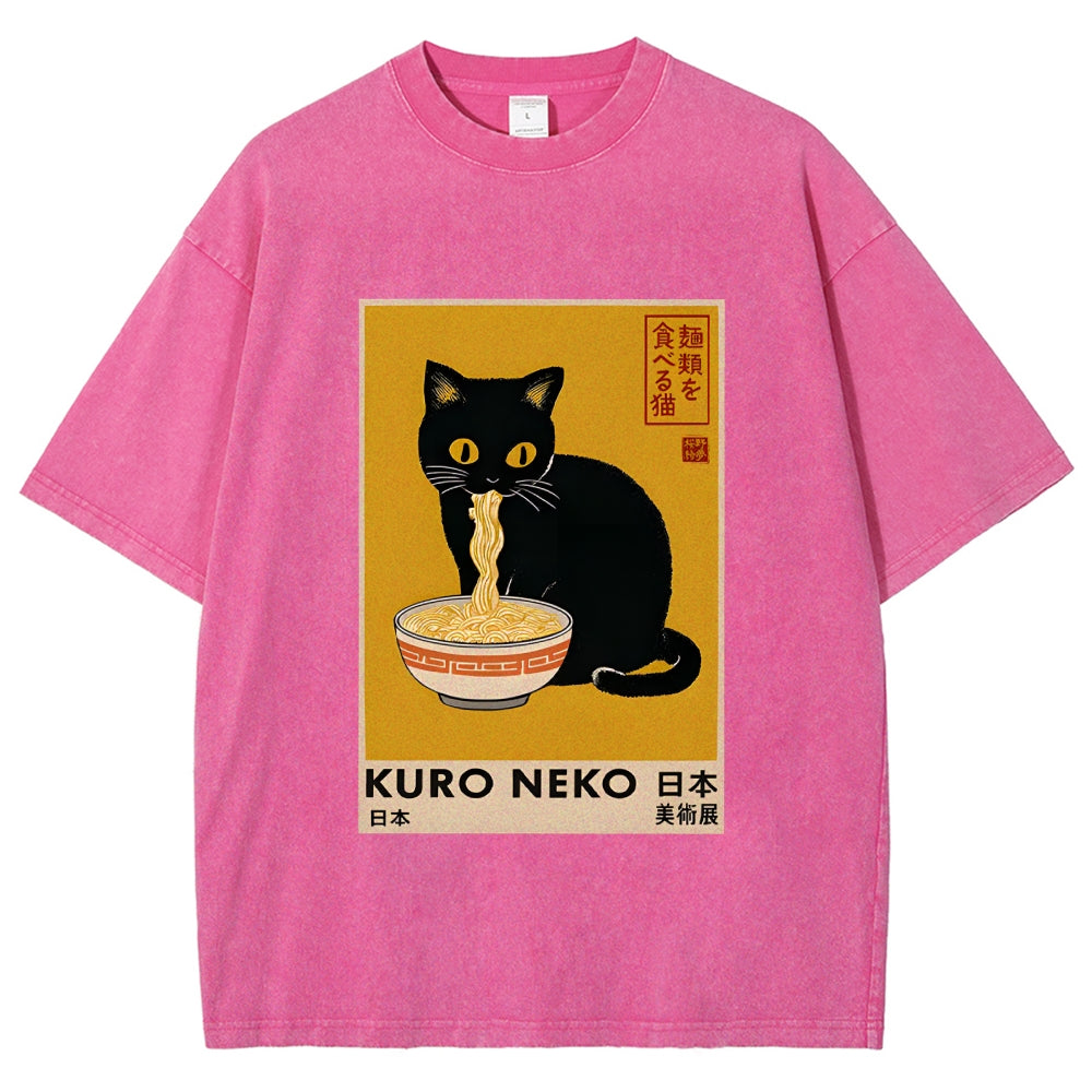 Unisex Kuro Neko Ramen Washed T-Shirt