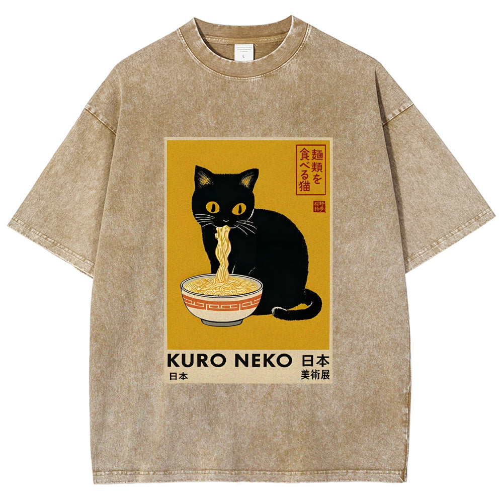 Unisex Kuro Neko Ramen Washed T-Shirt