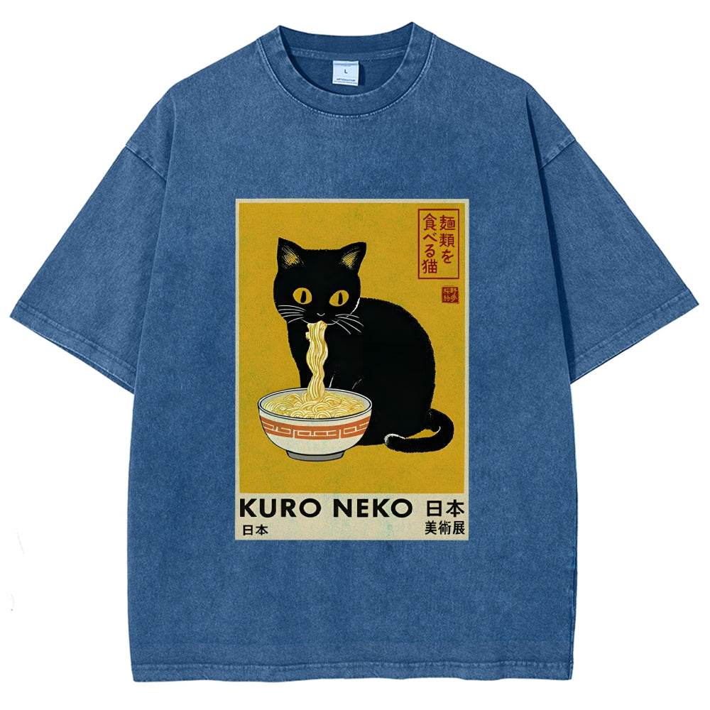 Unisex Kuro Neko Ramen Washed T-Shirt