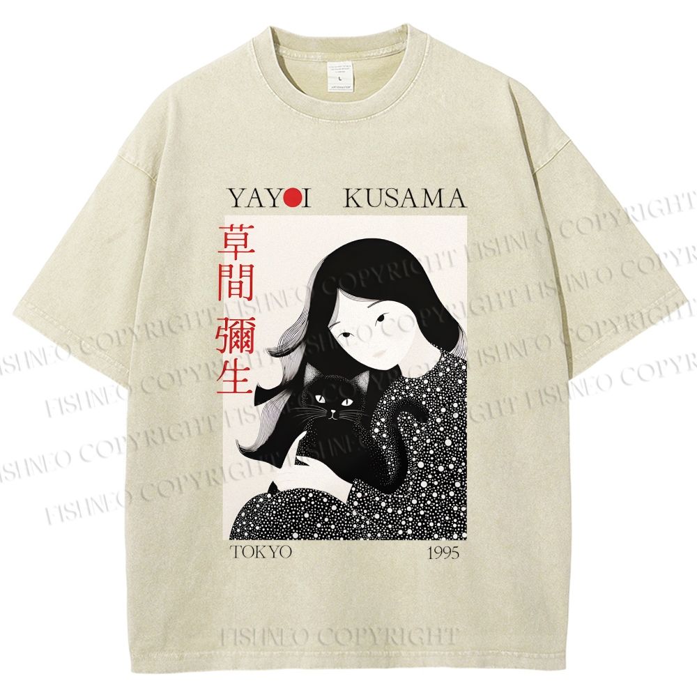 Unisex Yayoi Kusama Girl Cat Printed Washed Tee