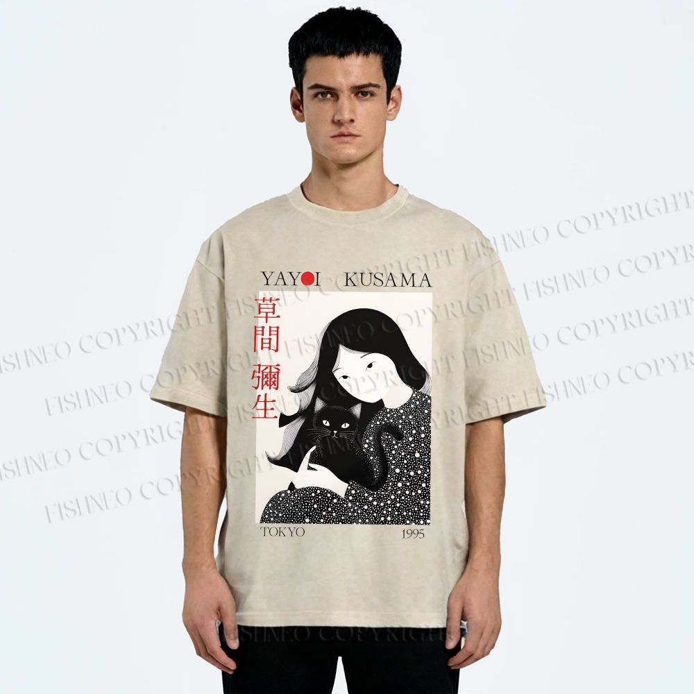 Unisex Yayoi Kusama Girl Cat Printed Washed Tee