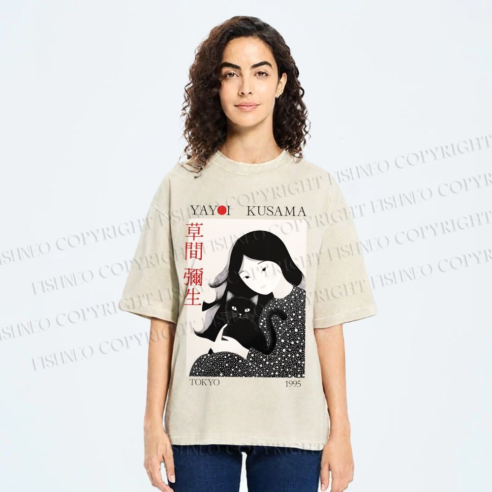 Unisex Yayoi Kusama Girl Cat Printed Washed Tee