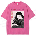 Unisex Yayoi Kusama Girl Cat Printed Washed Tee