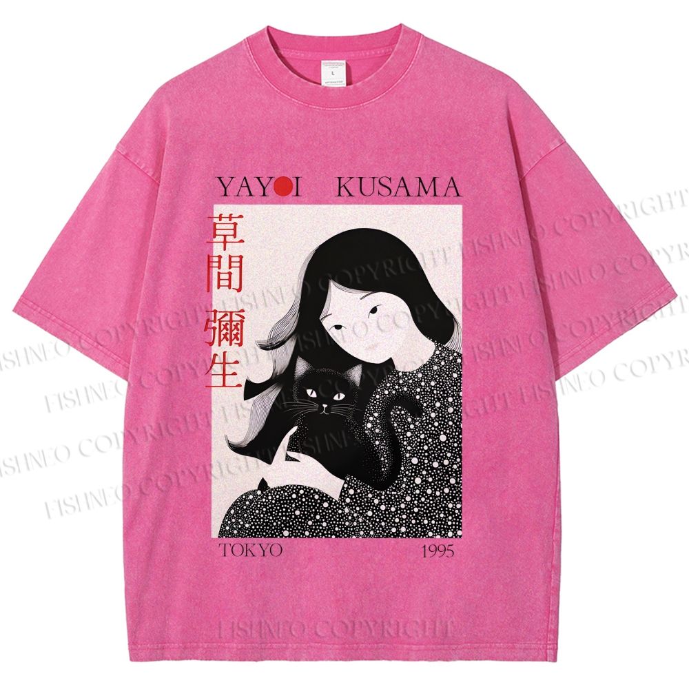 Unisex Yayoi Kusama Girl Cat Printed Washed Tee